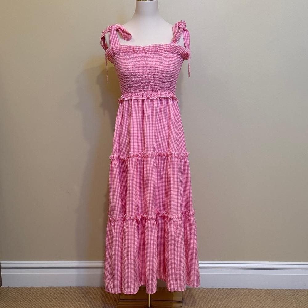 Pink Gingham Smocked Tiered Maxi Dress | Bow Tie Straps | Cottagecore | Size M